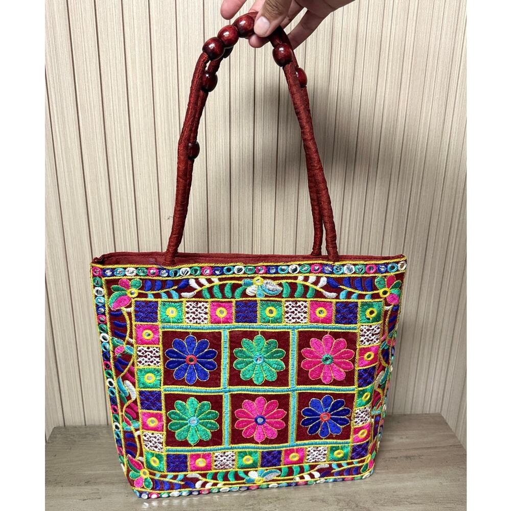Embroidered Floral Tote Bag Red Beaded Handle Boho Shoulder Bag - Picture 1 of 10